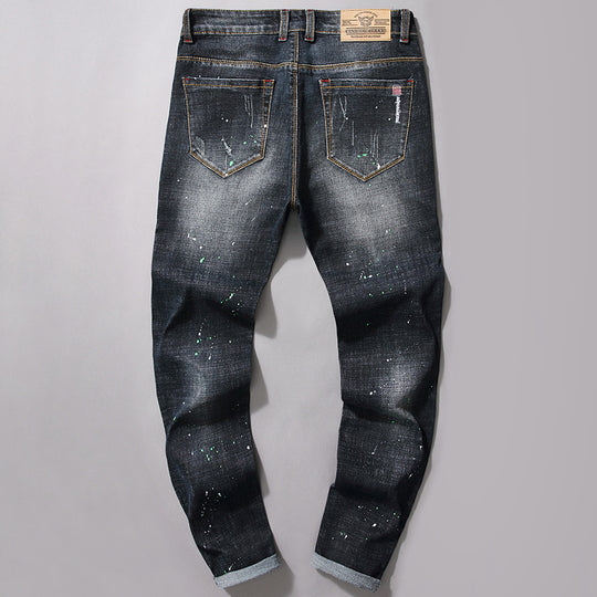 Herren Slim Fit Jeans mit kreativen Rissdesign und Farbklecksen R&B