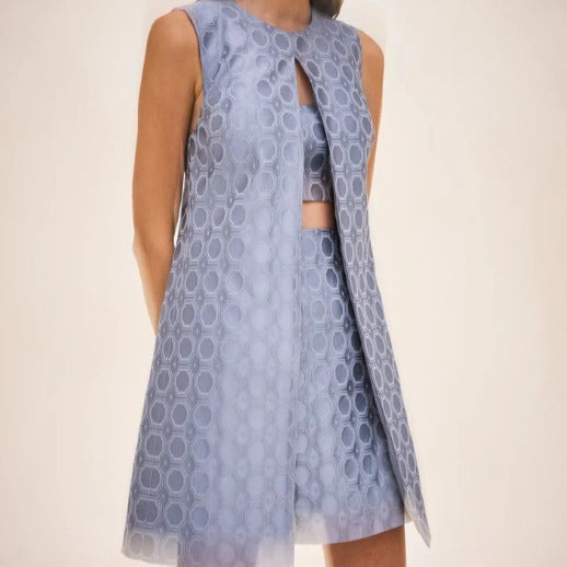 Damen nan Jacquard-Zweiteiler mit ärmelloser Longweste und tailliertem Bustier-Minikleid R&B
