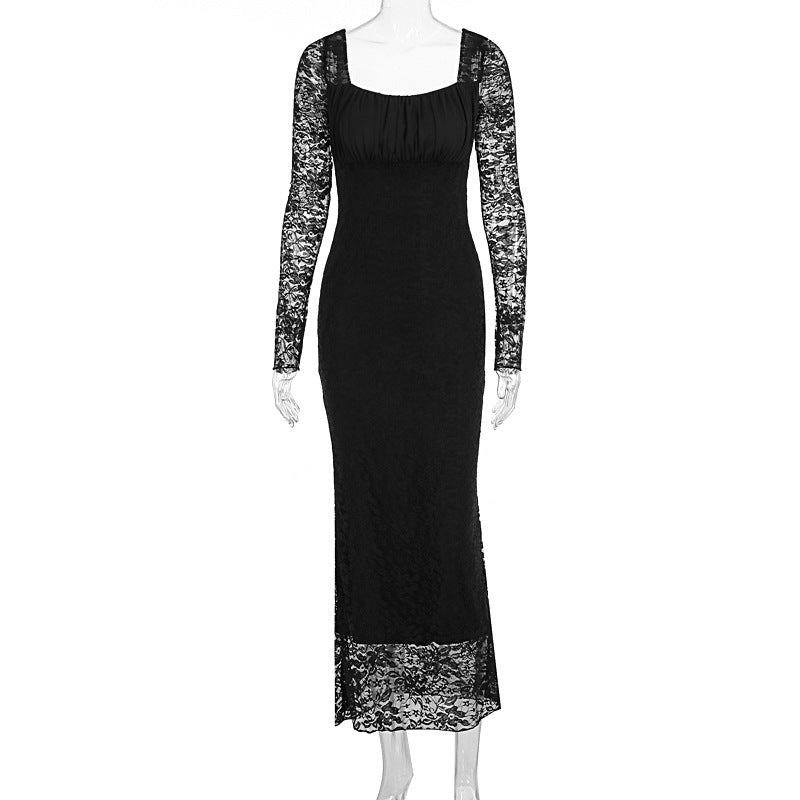 Damen elegantes Spitzenkleid mit langem Arm und figurbetontem Schnitt R&B