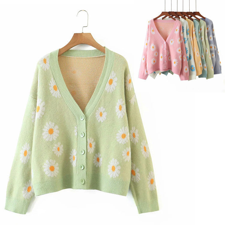 Damen Strickjacke mit Blumenmuster und V-Ausschnitt R&B