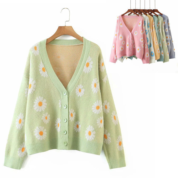 Damen Strickjacke mit Blumenmuster und V-Ausschnitt R&B