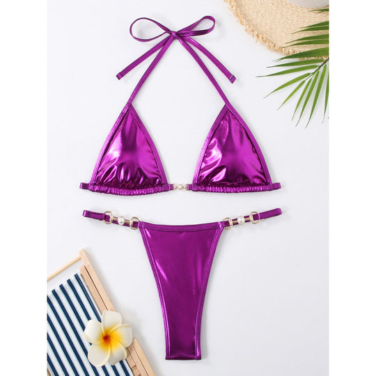 Damen Triangel-Bikini mit Metallic-Finish und goldenen Schmuckdetails R&B