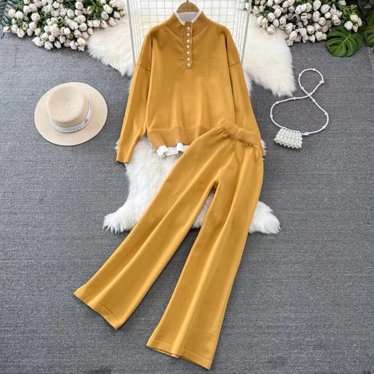 Damen Loungewear-Set mit hoher Rippstruktur und Knopfdetaillierung R&B