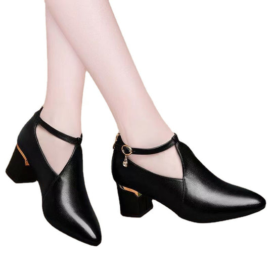 Damen nan spitz zulaufende Pumps mit Cut-Out, Knöchelriemchen, Fersenreißverschluss und mittelhohem Blockabsatz R&B