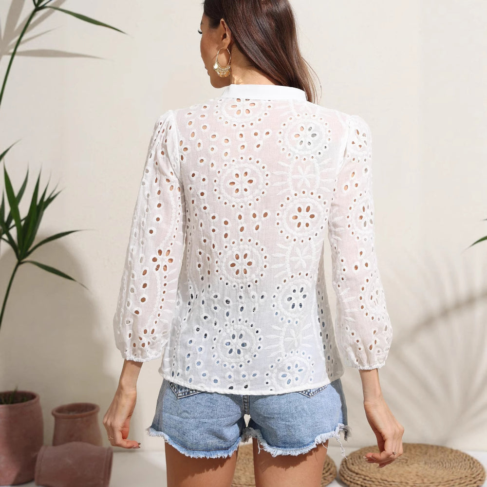 Damen Bluse mit Lochmuster und langen Puffärmeln R&B