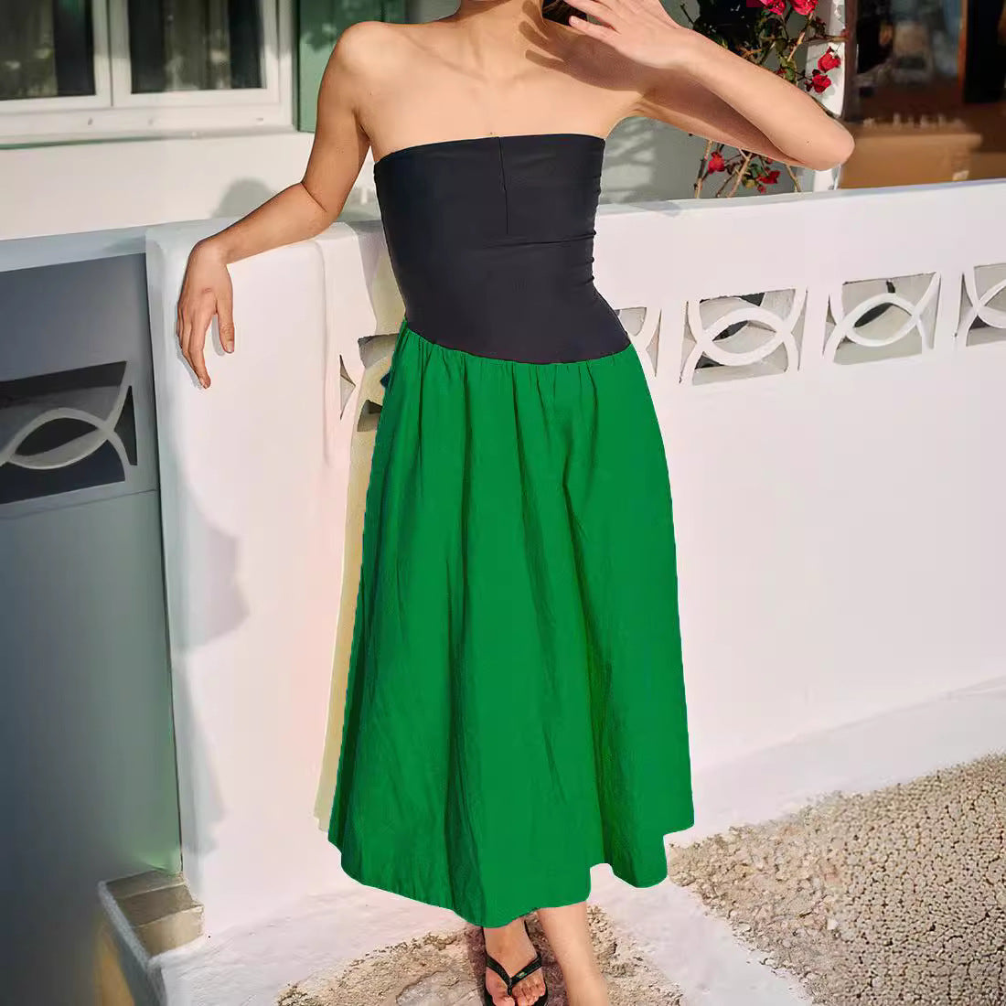 Damen ärmelloses Maxi-Kleid mit hochwertigem Oberteil und voluminösem Rock R&B
