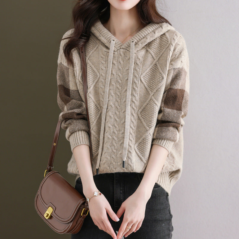 Damen Strickpullover mit Kapuze und modischem Karomuster R&B