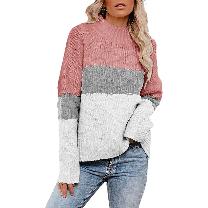 Damen farbenfroher Strickpullover mit strukturiertem Muster und hohem Kragen R&B
