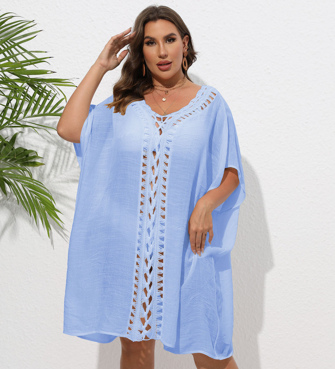 Damen Luftiger Strandkimono mit dekorativer Häkelspitze R&B