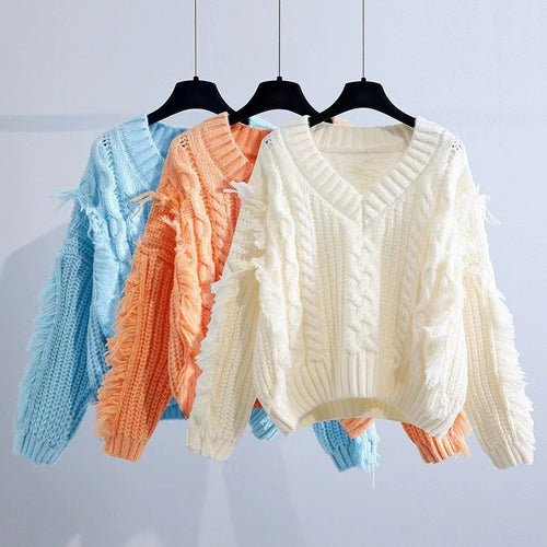Damen Stylischer Strickpullover mit Fransen und Zopfmuster R&B