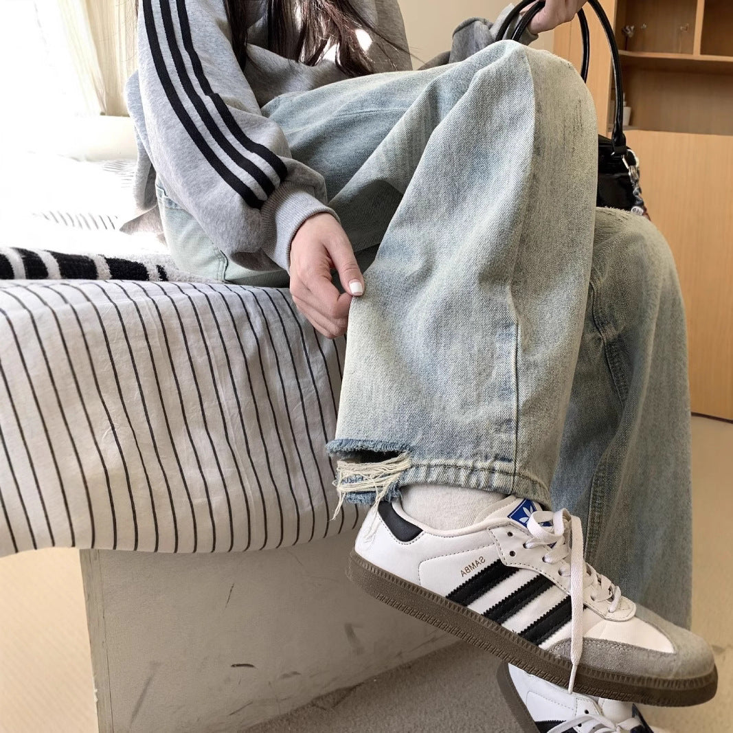 Damen Lässige Weitjeans mit trendigem Used-Look und hohem Bund R&B