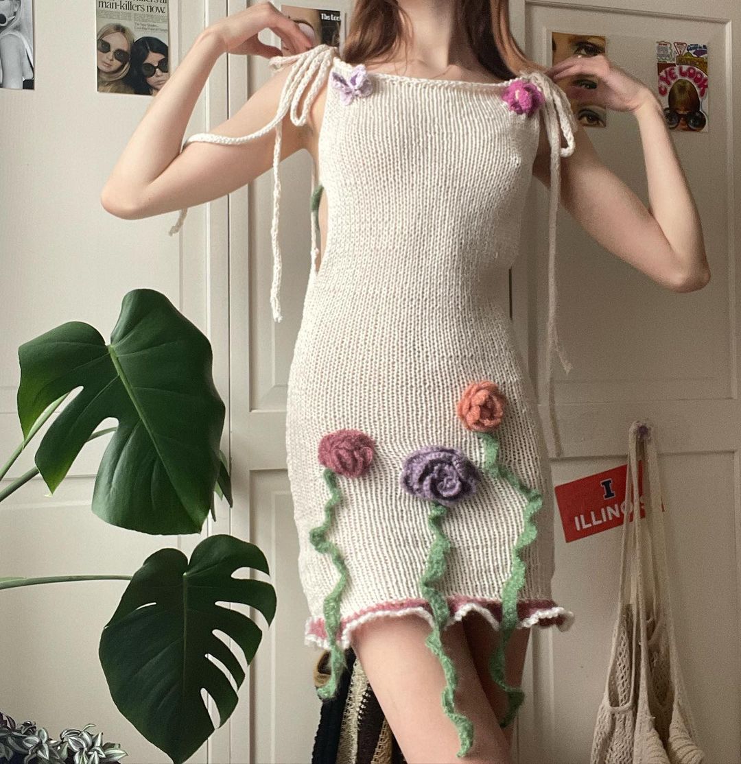 Damen gehäkeltes Sommerkleid mit floralen Applikationen R&B