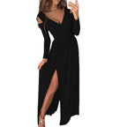 Damen elegantes Maxikleid mit tiefem V-Ausschnitt und praktischen Seitenschlitzen R&B