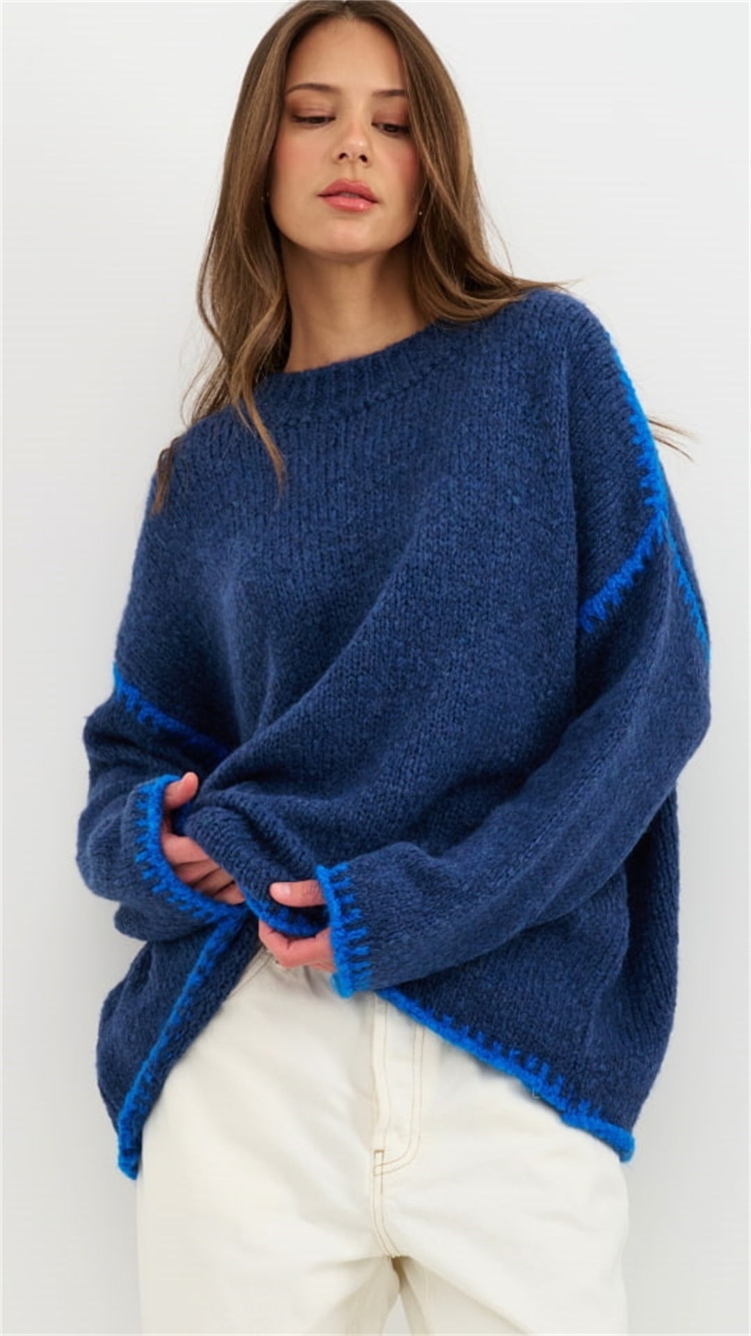 Damen kuscheliger Strickpullover mit kontrastierenden Akzentdetails R&B