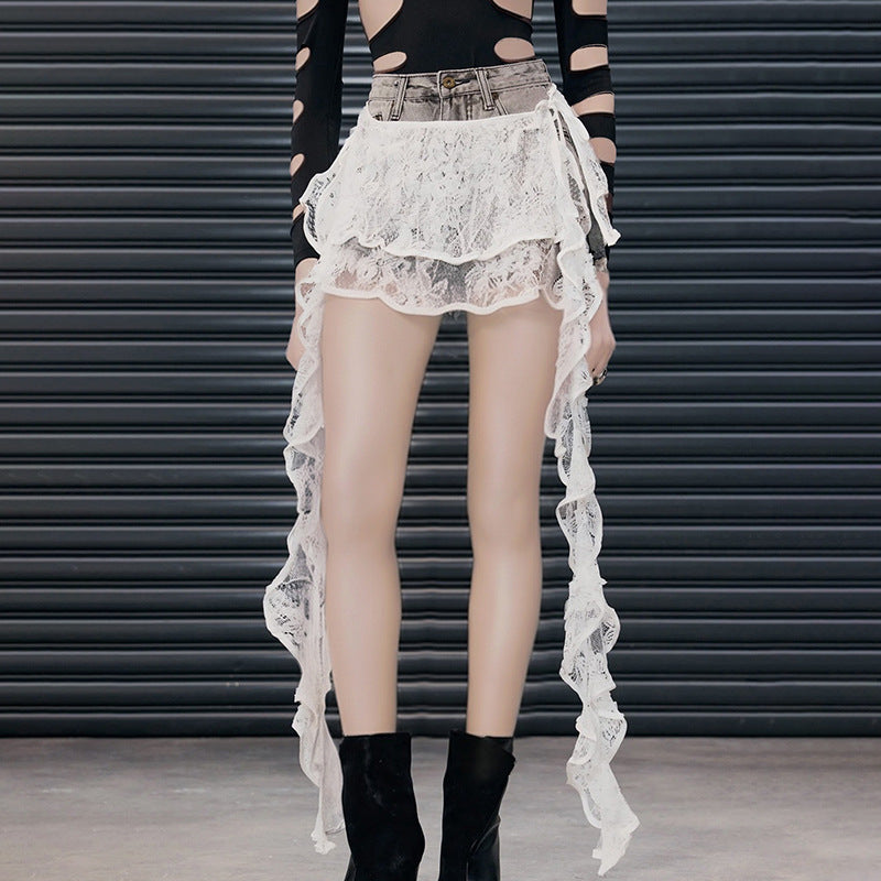 Damen asymmetrischer Spitzenrock mit elegantem Rüschendesign R&B