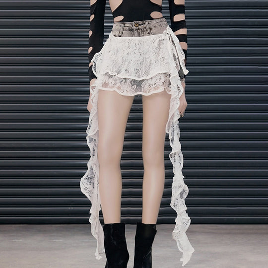 Damen asymmetrischer Spitzenrock mit elegantem Rüschendesign R&B