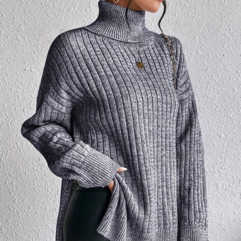 Damen Modischer Rippstrickpullover mit hohem Kragen und lässigem Schnitt