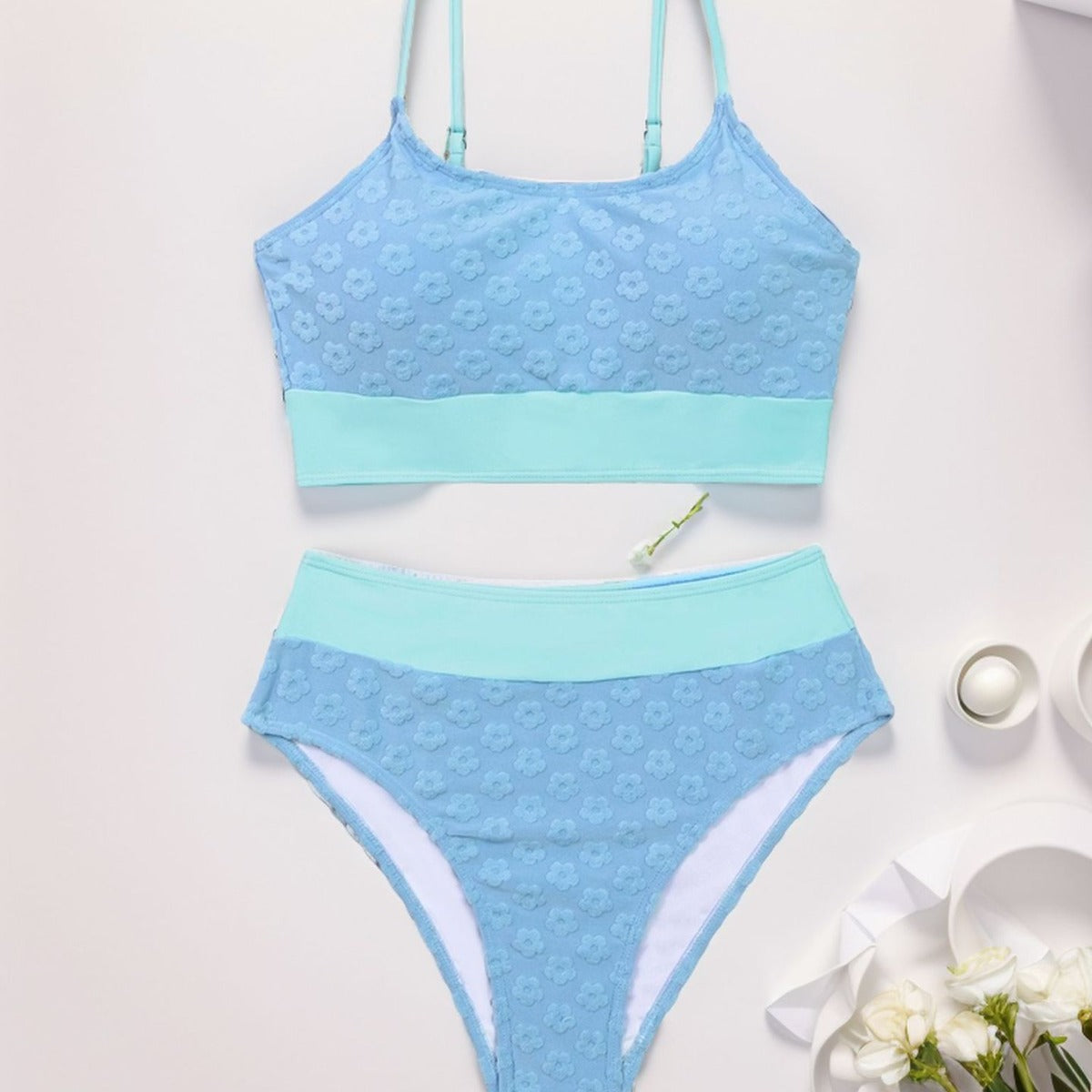 Damen Bikini-Oberteil mit hohem Bund und floralem Muster R&B