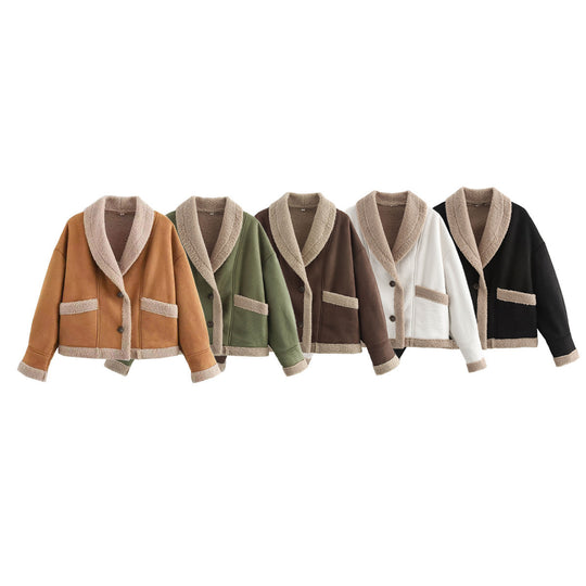 Damen kuschelige Blazerjacke im Teddy-Look mit praktischem Taschen R&B