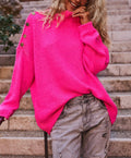 Damen Grobstrickpullover mit hohem Kragen und modischen Knopfdetails R&B