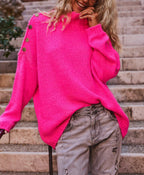Damen Grobstrickpullover mit hohem Kragen und modischen Knopfdetails R&B