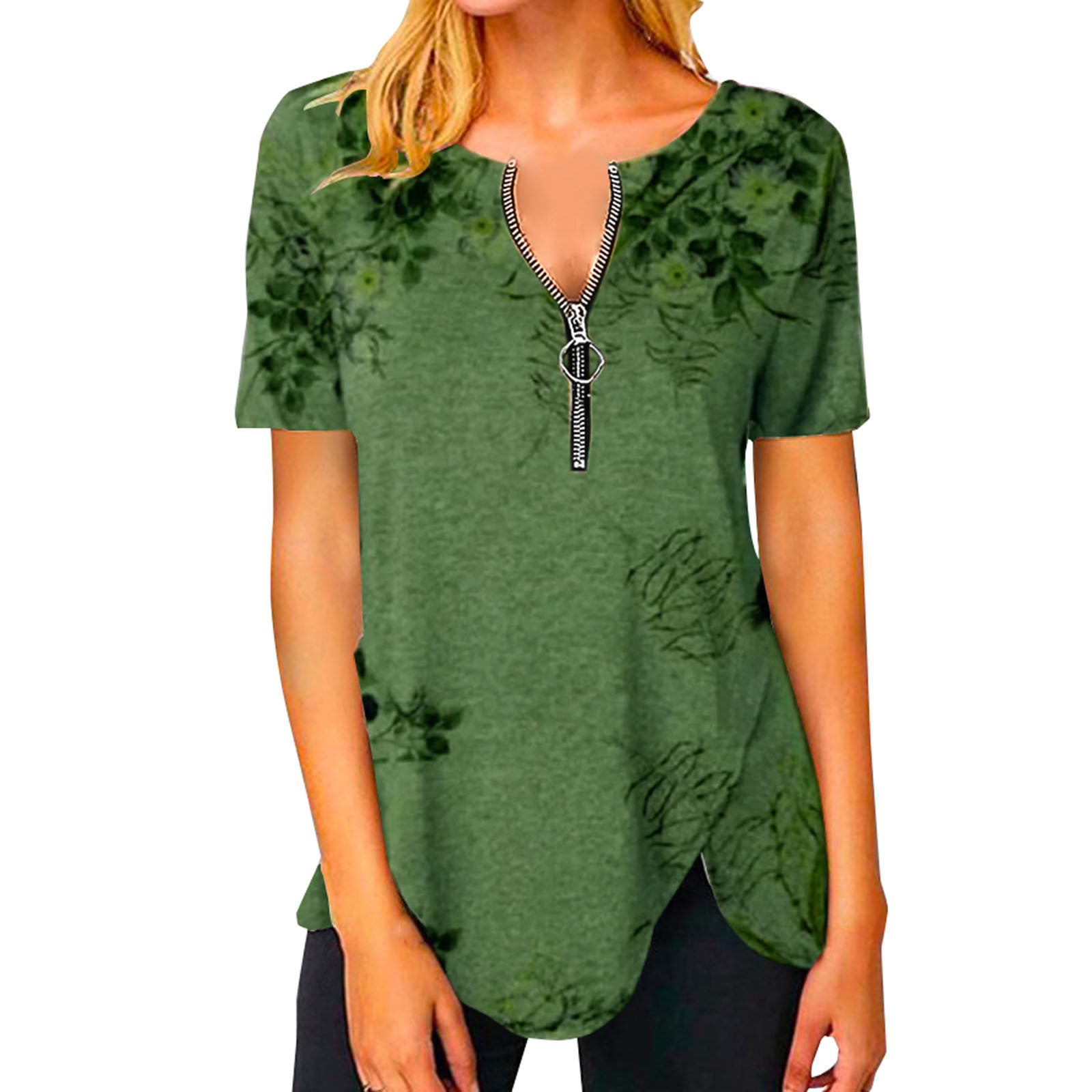 Damen T-Shirt mit halbgeschlossenem Reißverschluss und floralem Muster R&B