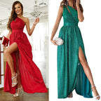Damen elegantes Abendkleid mit asymmetrischem Ausschnitt und Seitenschlitz R&B