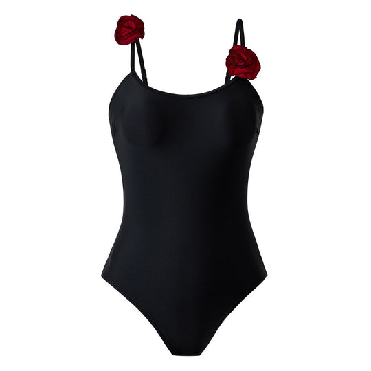 Damen Einteiler Badeanzug mit dekorativen Blumenapplikationen und elegantem Wickelrock R&B