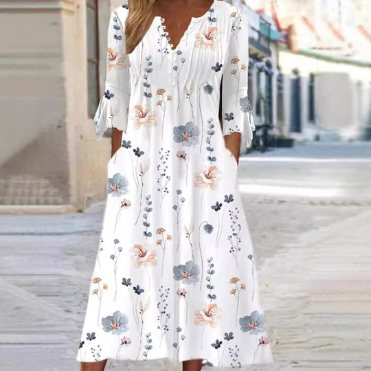 Damen Langärmliges Gartenkleid mit zarten Blumenmuster und Knopfleiste Heidi-Mode