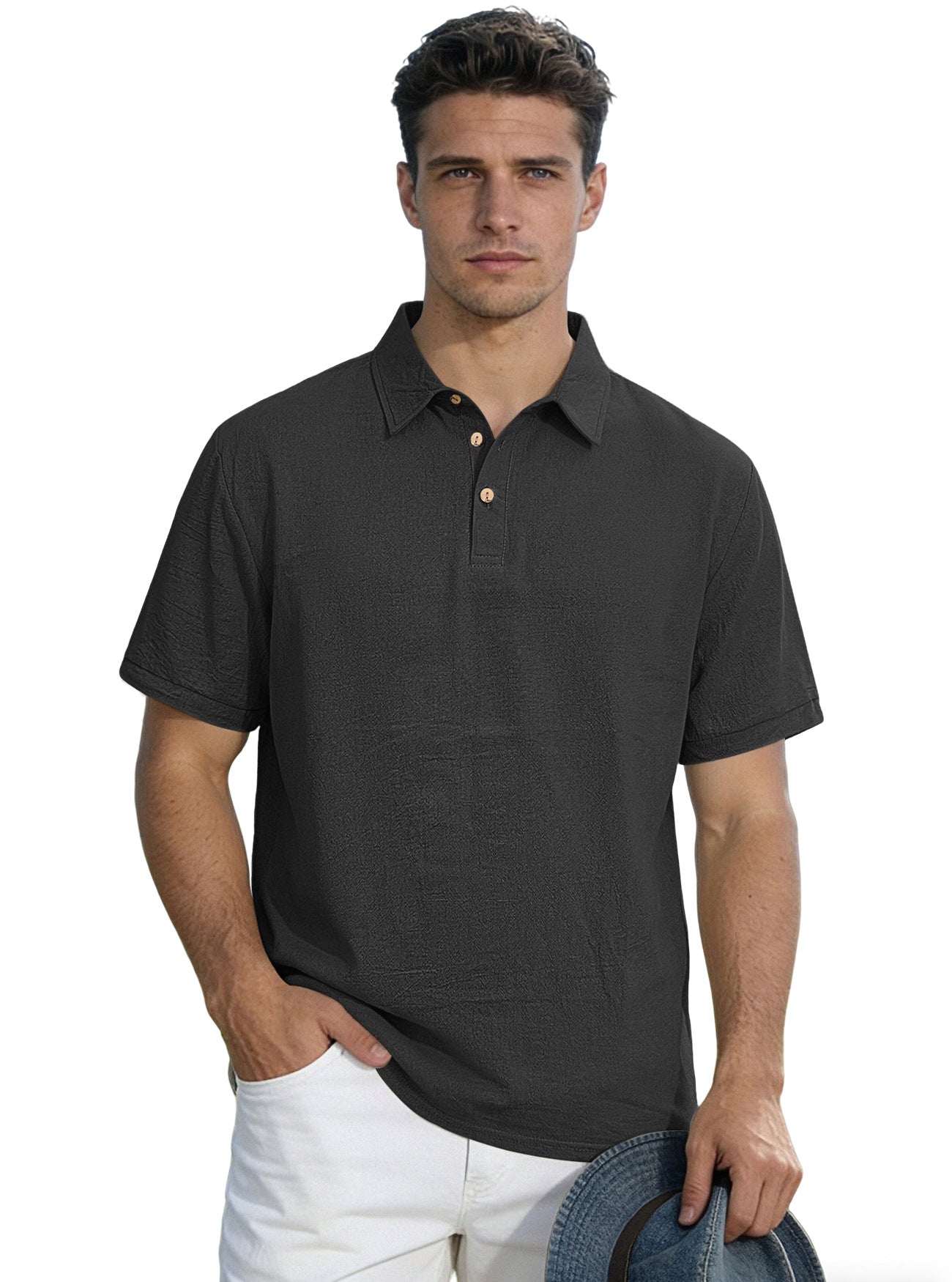 Herren nan legeres Kurzarm-Polo mit Hemdkragen, Kurzknopfleiste und strukturierter Baumwollmischung R&B