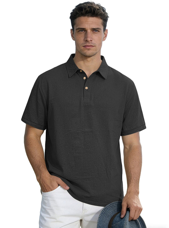 Herren nan legeres Kurzarm-Polo mit Hemdkragen, Kurzknopfleiste und strukturierter Baumwollmischung R&B