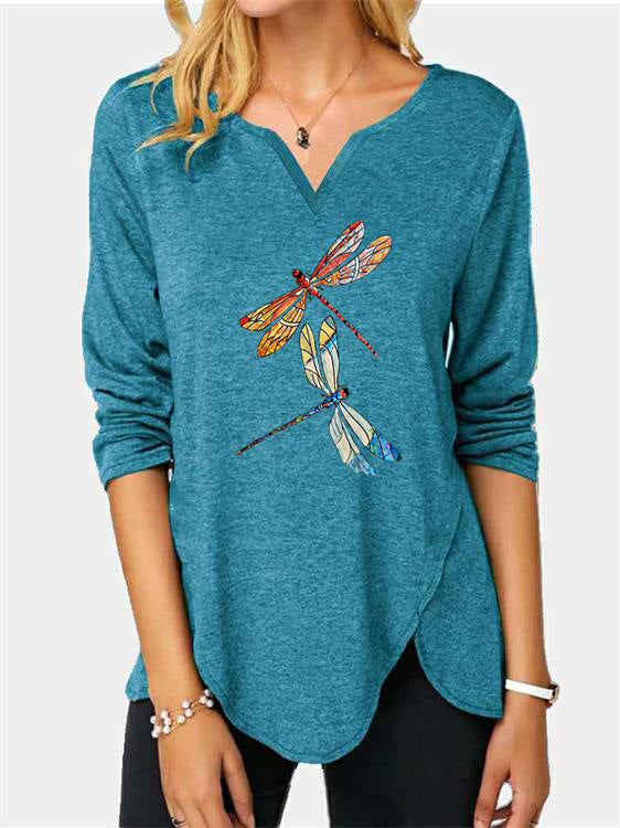 Damen V-Ausschnitt Langarmshirt mit Drachenfliegen-Print R&B