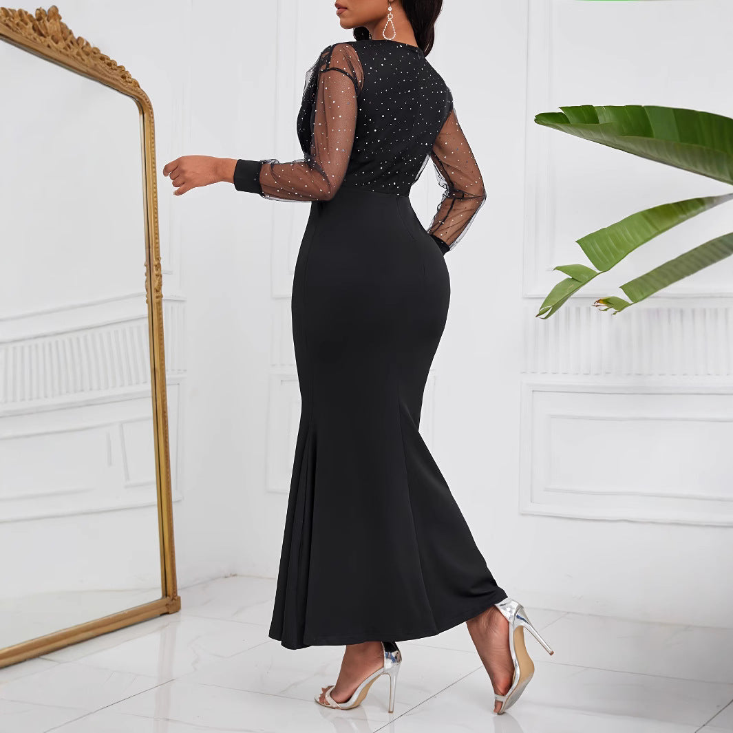 Damen Schickes Abendkleid mit transparenten Puffärmeln und Glitzerakzenten R&B