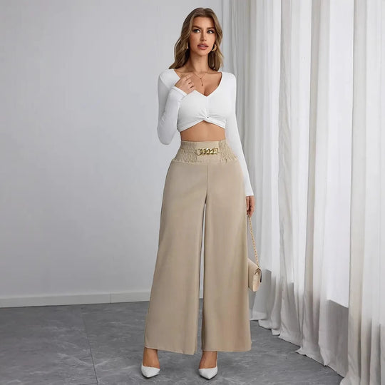 Damen Weite High-Waist Hose mit dekorativem Gummizug und modischem Gürtel R&B