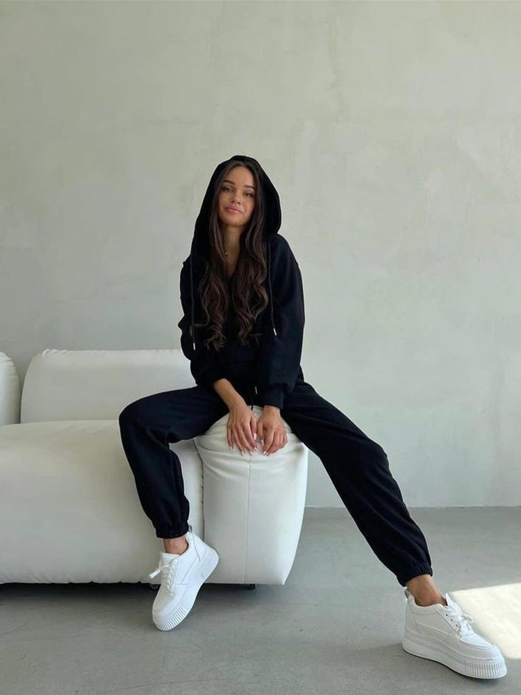Damen sportliches Fleece-Jogginganzug mit praktischer Kapuze und elastischem Bund R&B