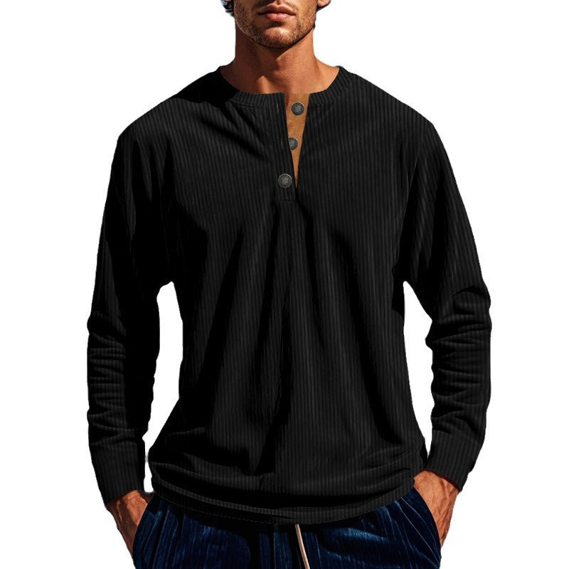 Herren nan geripptes Henley-Longsleeve mit Stehkragen, verdeckter Knopfleiste und relaxed Fit R&B