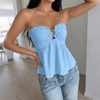 Damen Off-Shoulder Blusenshirt mit Rüschendetails und einzigartigem Goldverschluss R&B