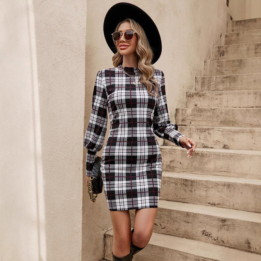 Damen figurbetontes Tartan-Kleid mit langen Ärmeln und Taillengürtel R&B