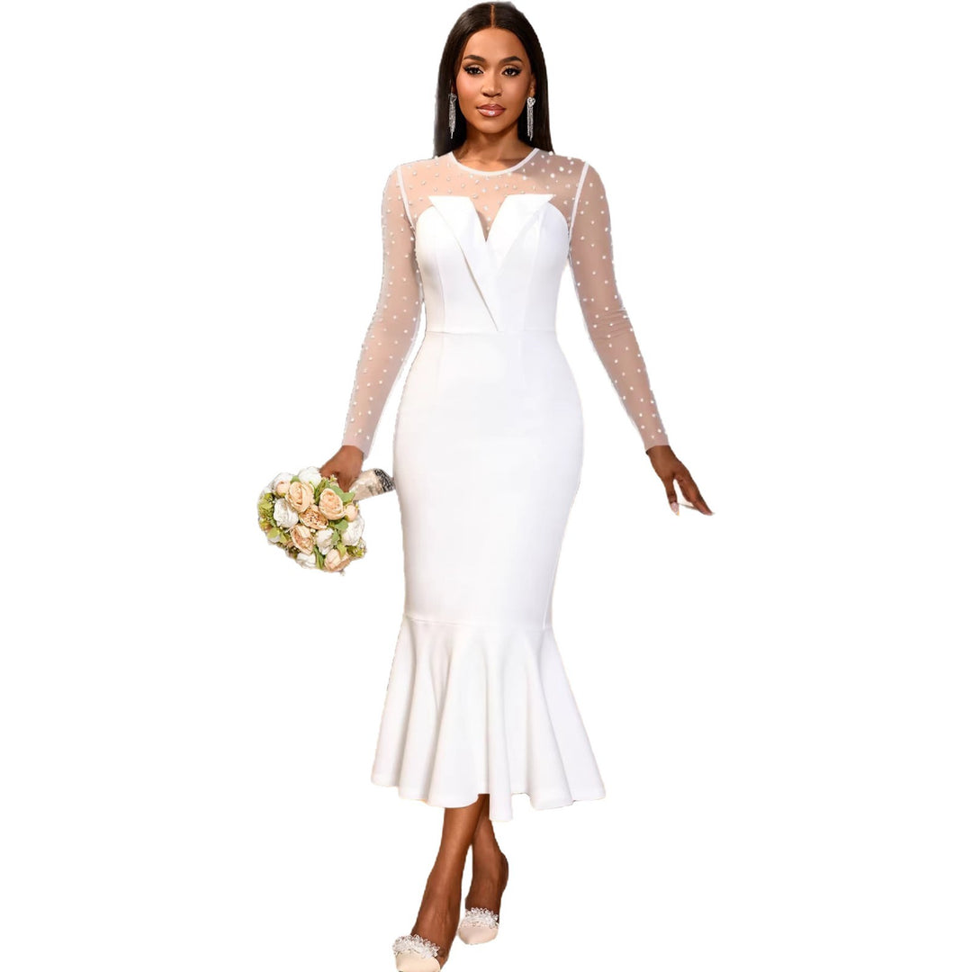 Damen Elegantes Hochzeitskleid mit transparenten Puffärmeln und Taillengürtel R&B