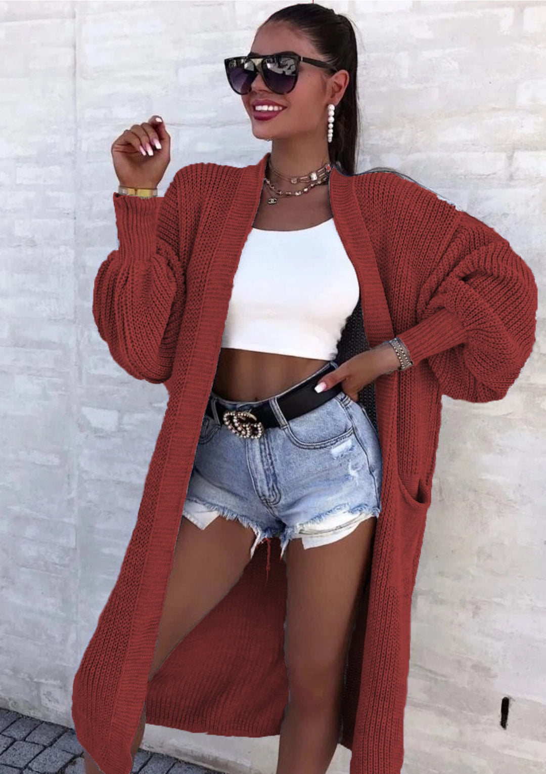 Damen lässiger Strickkarte mit tiefem V-Ausschnitt und großzügigen Taschen R&B