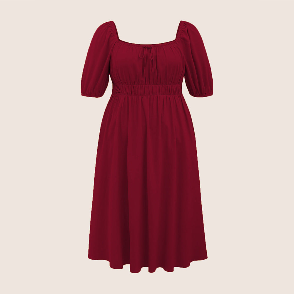 Damen elegantes Midikleid mit modischen Puffärmeln und Taillenschnürung R&B
