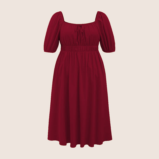 Damen elegantes Midikleid mit modischen Puffärmeln und Taillenschnürung R&B