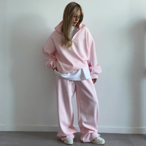 Damen gemütliches Fleece-Loungewear-Set mit Stehkragen und Reißverschluss R&B