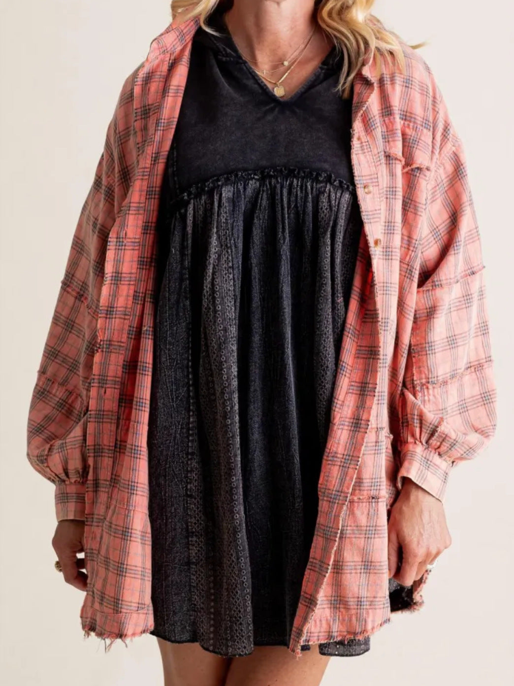 Damen karierte Oversized-Hemdjacke R&B