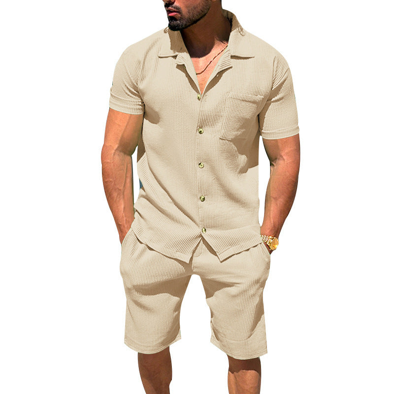Herren nan lässiges zweiteiliges Freizeitset aus geripptem Jersey mit Hemdkragen Knopfleiste und Shorts R&B