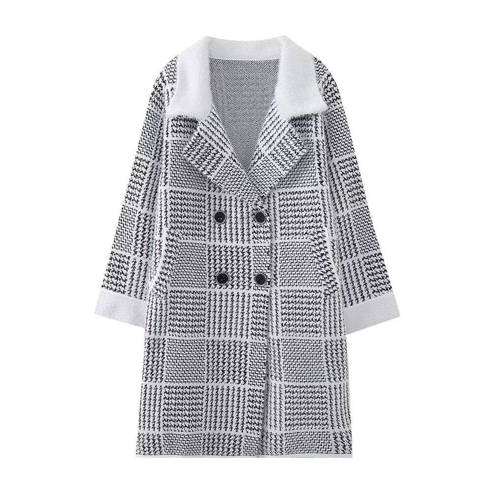 Damen modische Übergangsjacke mit strukturiertem Karomuster und eleganter Knopfleiste R&B