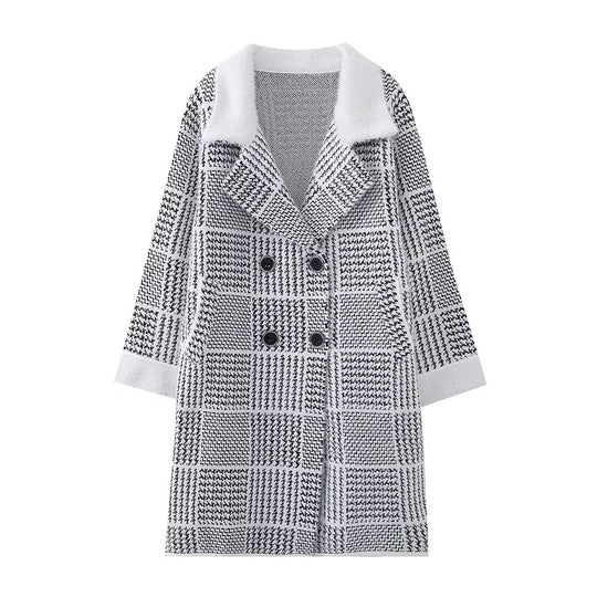 Damen modische Übergangsjacke mit strukturiertem Karomuster und eleganter Knopfleiste R&B