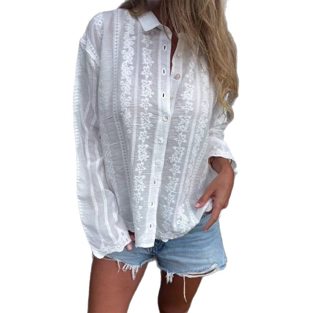 Damen nan bestickte Hemdbluse mit floraler Ajour-Stickerei, Perlmuttknopfleiste und legerer Oversize-Passform R&B