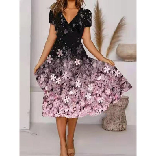 Damen A-Linie Sommerkleid mit V-Ausschnitt und floralen Akzenten R&B