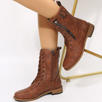 Damen nan knöchelhohe Schnür‑Combat‑Stiefelette mit seitlichem Doppelreißverschluss und verstellbarem Schnallenriemen R&B